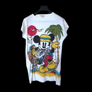 Vintage 80s Mickey Mouse Sunday Comics Tropical Shirt Dress Medium
